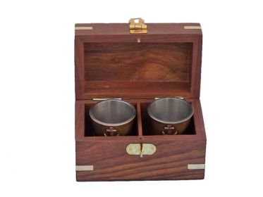 Antique Brass Anchor Shot Glasses With Rosewood Box 4 - Set of 2